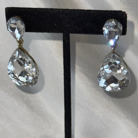 Formal Large Stone Double Teardrop Earrings Designer Inspired Dangles Gold Post - Picture 5 of 10